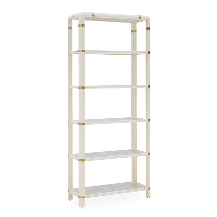 Ivory Sky Brass Accented Mahogany Etagere with Blue Raffia Shelves