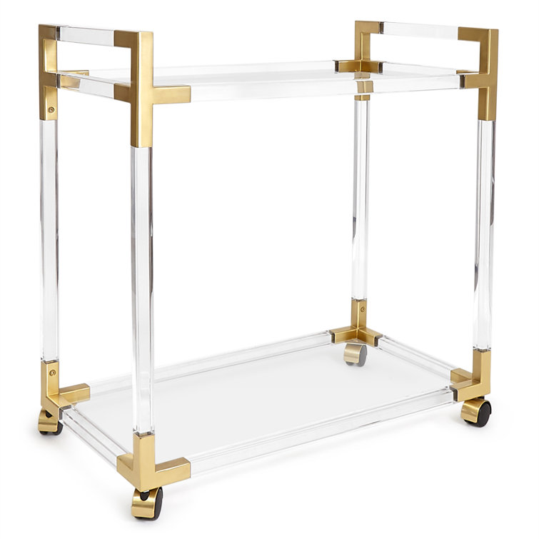 Handcrafted Jacques Acrylic and Brass Bar Cart with Glass Shelves