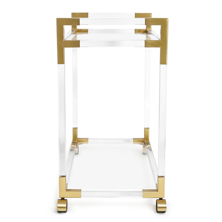 Handcrafted Jacques Acrylic and Brass Bar Cart with Glass Shelves