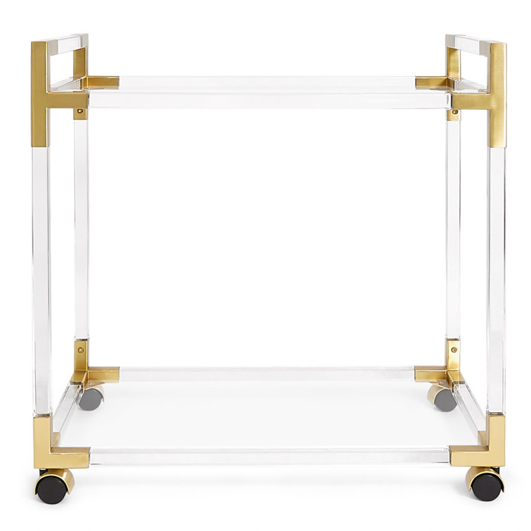 Handcrafted Jacques Acrylic and Brass Bar Cart with Glass Shelves