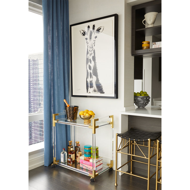 Handcrafted Jacques Acrylic and Brass Bar Cart with Glass Shelves