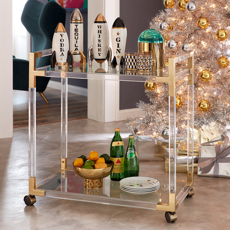 Handcrafted Jacques Acrylic and Brass Bar Cart with Glass Shelves