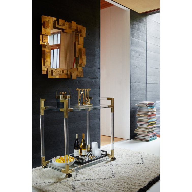 Handcrafted Jacques Acrylic and Brass Bar Cart with Glass Shelves