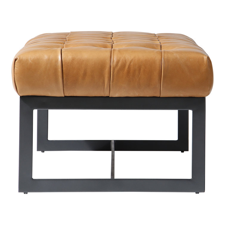 Tan Genuine Leather Industrial Bench with Metal Frame