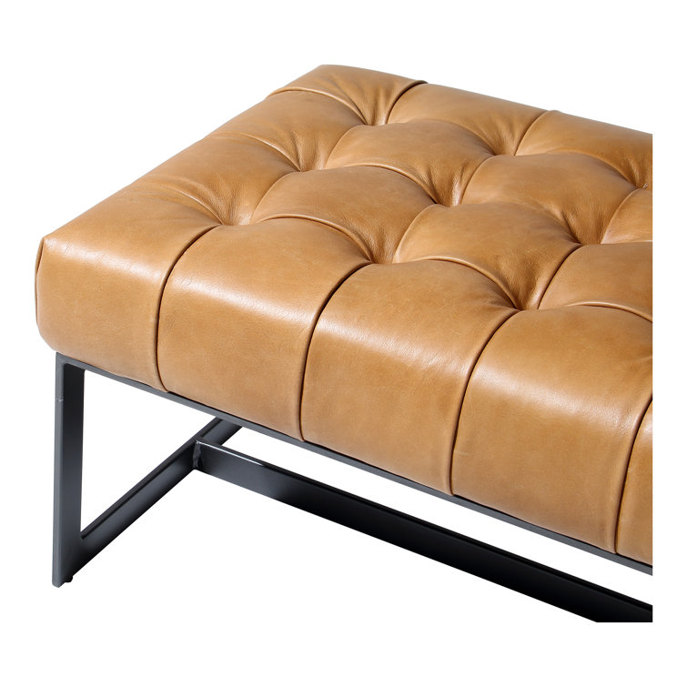 Tan Genuine Leather Industrial Bench with Metal Frame