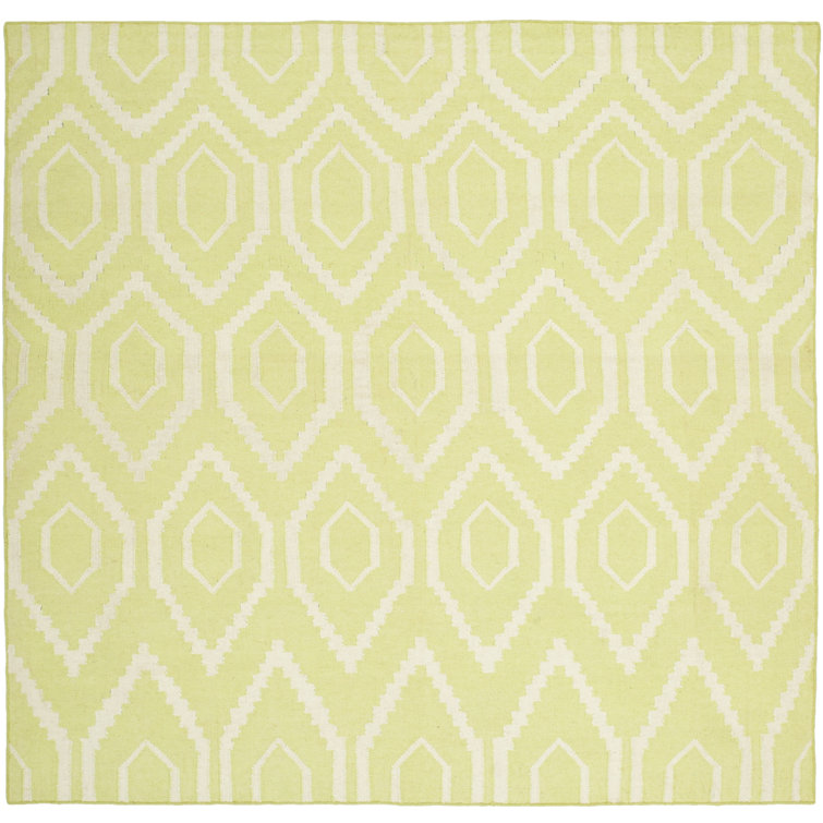 Ivory and Green Geometric Wool Square Rug, 6' x 6'