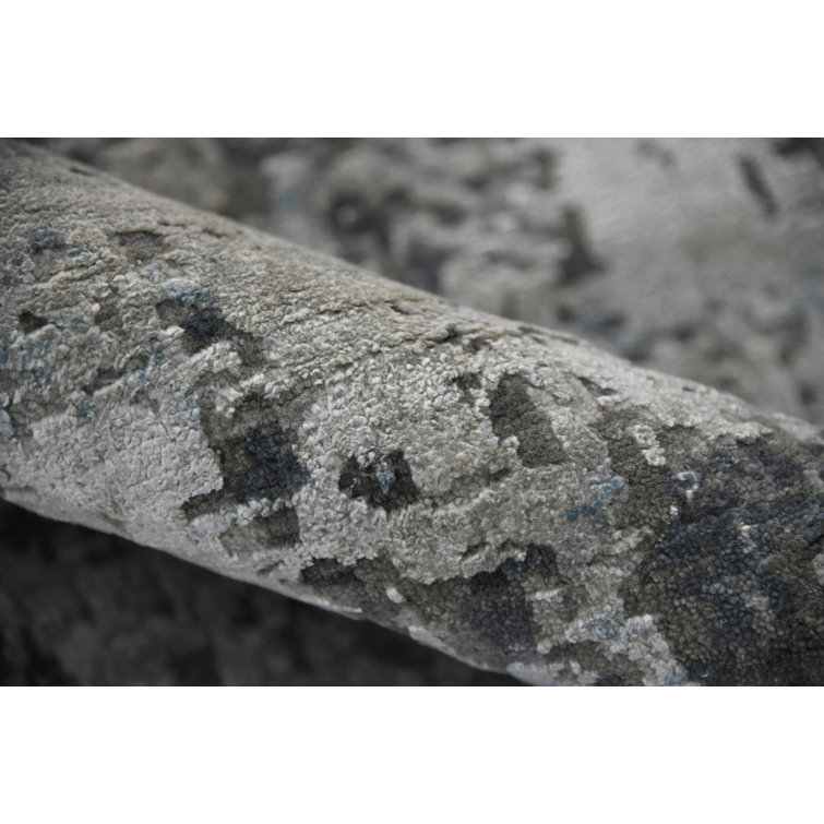 Gray Abstract Hand-Knotted Wool and Silk Area Rug