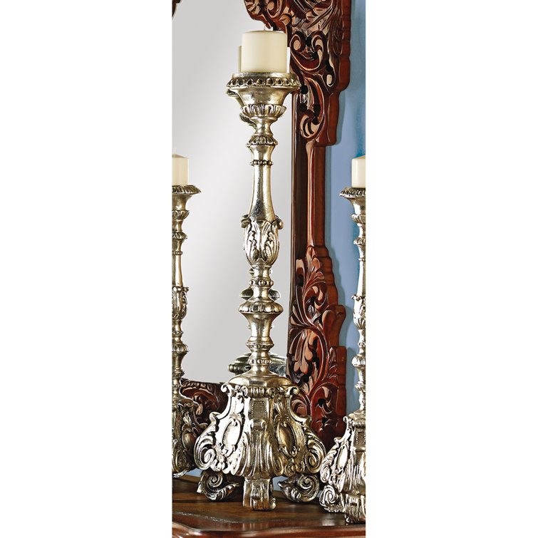 Elegant Baroque Scroll-Footed Silver Leaf Resin Candlesticks, Set of 2