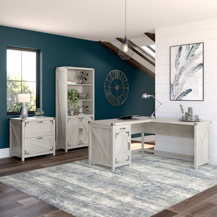 Cottage White L-Shaped Corner Desk with Drawer and Filing Cabinet