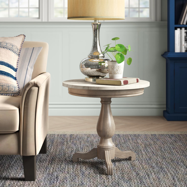 Sandalwood Beige Mahogany Pedestal End Table with Marble Top