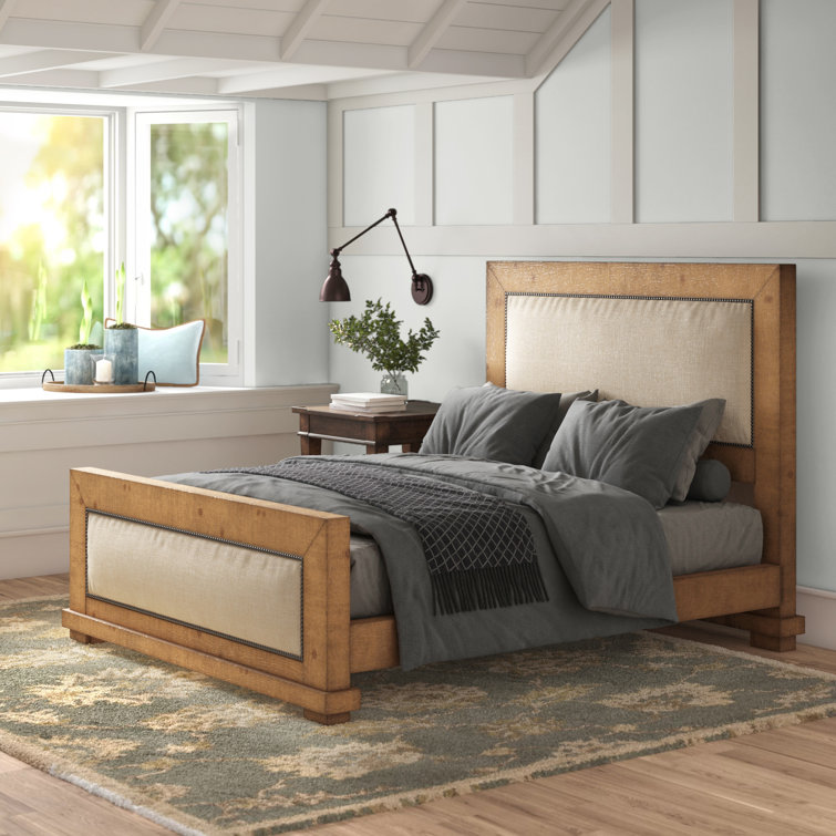 Rustic Pine King Bed with Nailhead Trim Upholstered Headboard