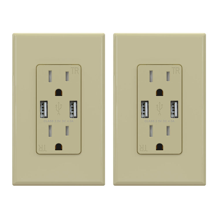 Ivory 15A Tamper Resistant Duplex Outlet with USB Ports and Wall Plate