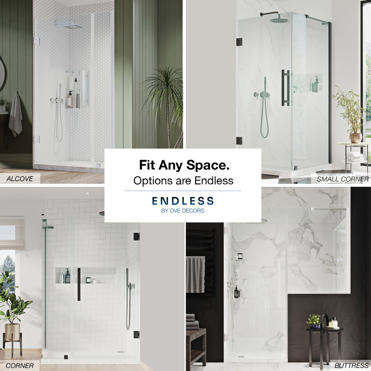 Black Tempered Glass Frameless Alcove Shower Kit, 58" x 72"