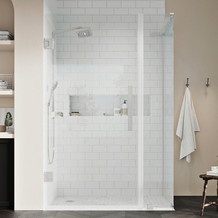 Tampa-Pro Frameless Satin Nickel Corner Shower Kit with Tempered Glass Panels