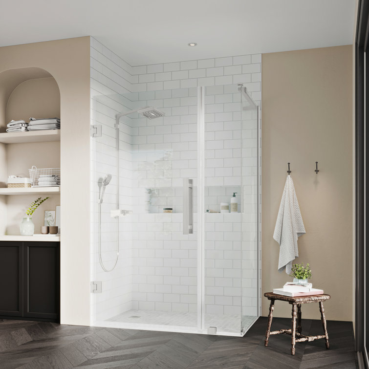 Tampa-Pro Frameless Satin Nickel Corner Shower Kit with Tempered Glass Panels