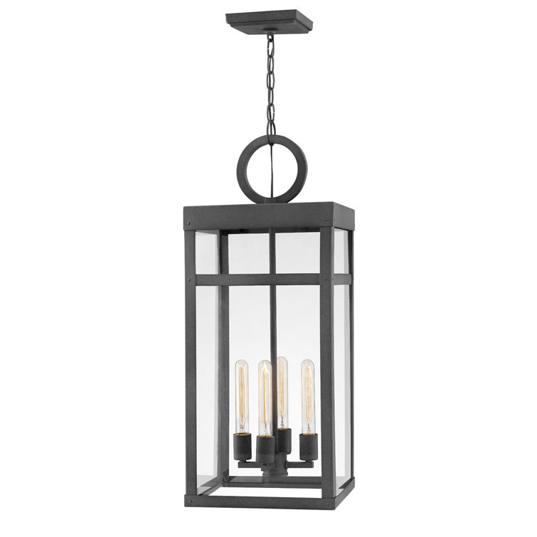 Aged Zinc 4-Light Outdoor Hanging Lantern with Clear Glass
