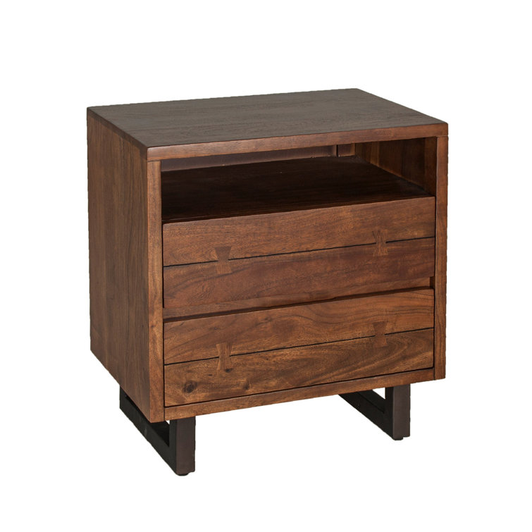Walnut Acacia 2-Drawer Nightstand with Steel Base