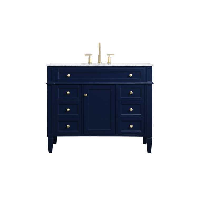Blue Solid Wood MDF Marble Single Bathroom Vanity with Gold Hardware
