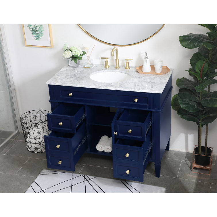 Blue Solid Wood MDF Marble Single Bathroom Vanity with Gold Hardware