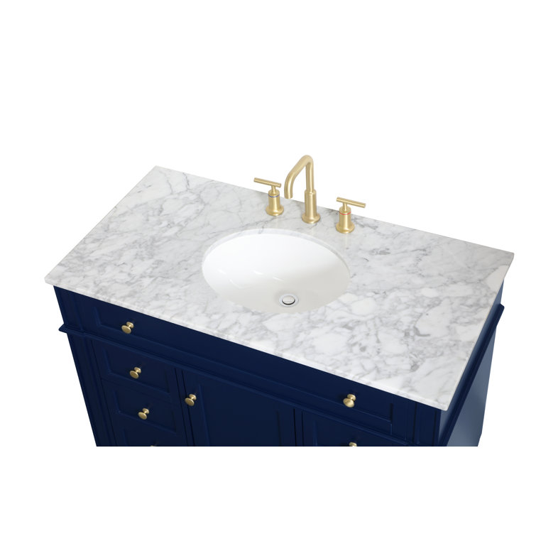 Blue Solid Wood MDF Marble Single Bathroom Vanity with Gold Hardware