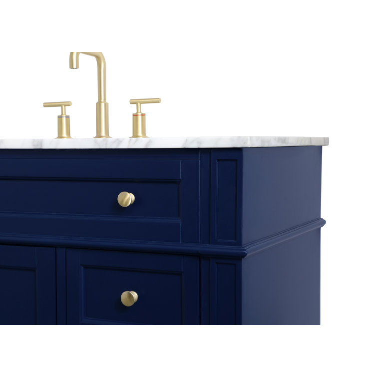 Blue Solid Wood MDF Marble Single Bathroom Vanity with Gold Hardware