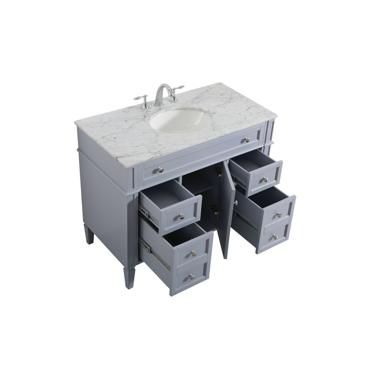 Gray Solid Wood and Marble Single Bathroom Vanity with Porcelain Sink