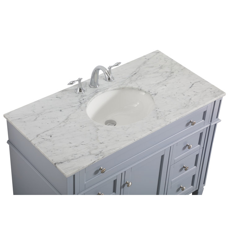 Gray Solid Wood and Marble Single Bathroom Vanity with Porcelain Sink