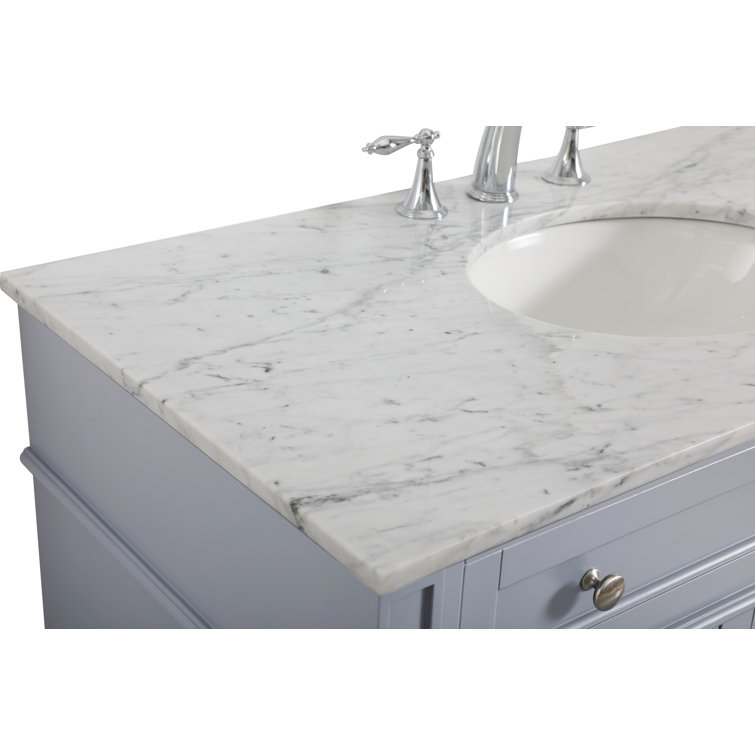 Gray Solid Wood and Marble Single Bathroom Vanity with Porcelain Sink