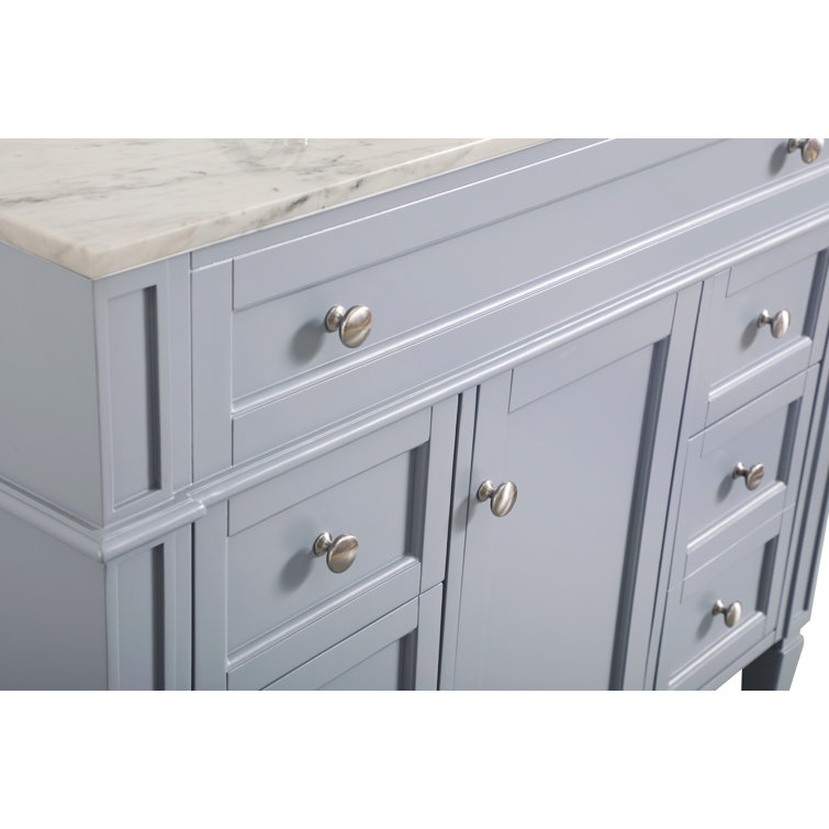 Gray Solid Wood and Marble Single Bathroom Vanity with Porcelain Sink
