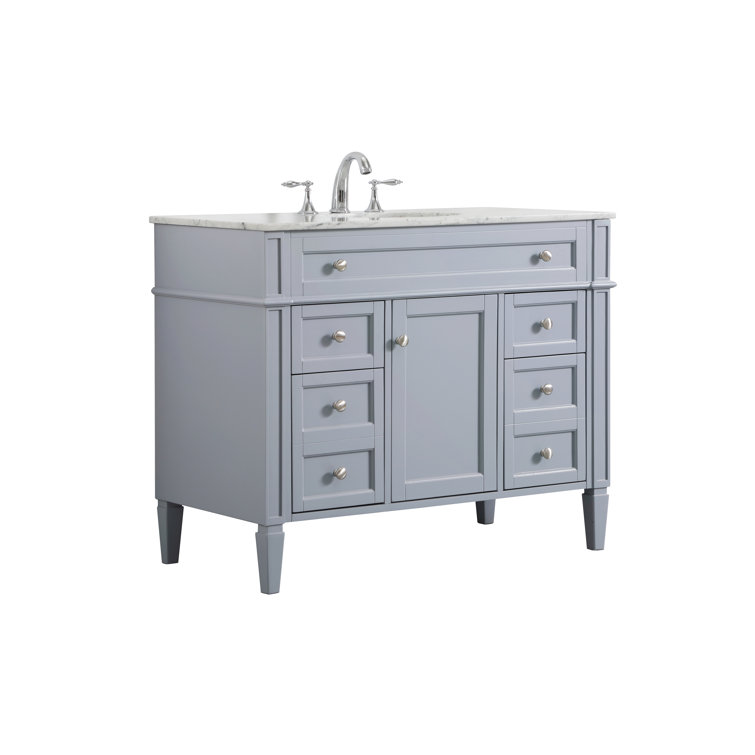 Gray Solid Wood and Marble Single Bathroom Vanity with Porcelain Sink