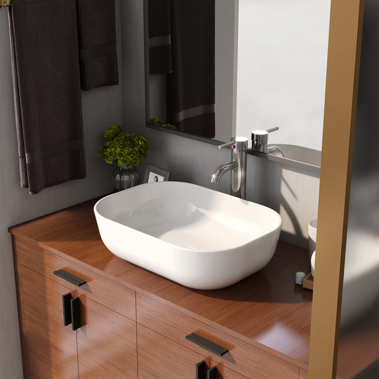 White Ceramic Rectangular Above-Counter Vessel Sink