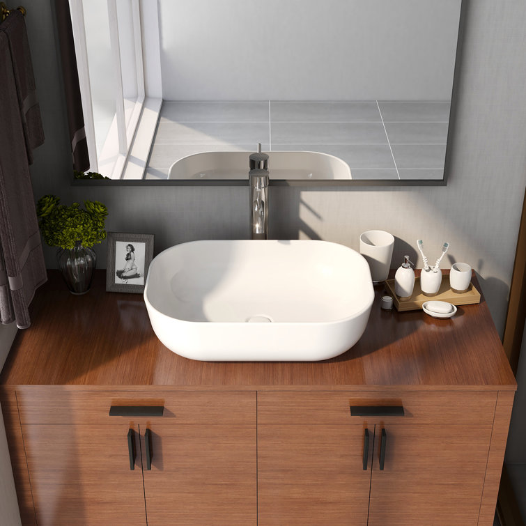White Ceramic Rectangular Above-Counter Vessel Sink