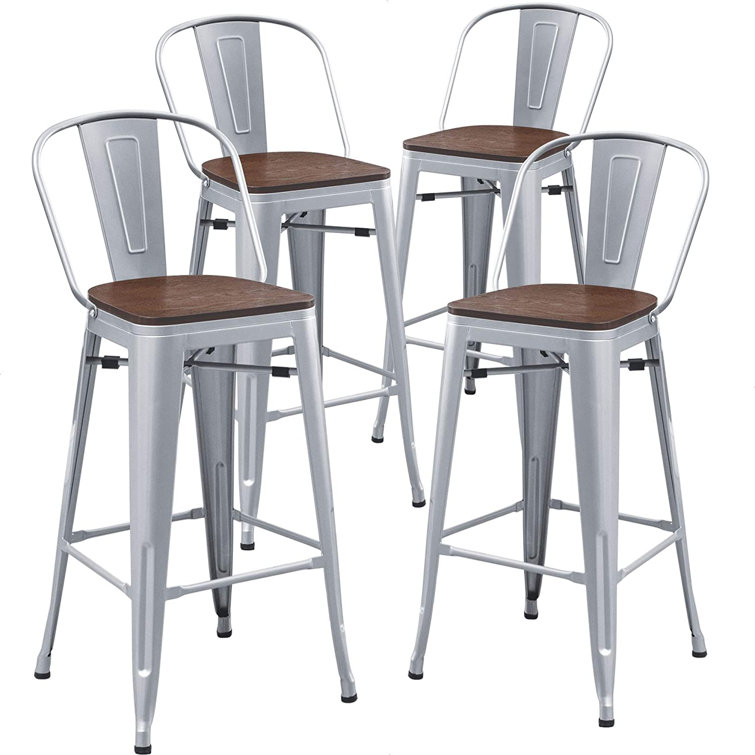 Silver Industrial Metal and Wood Counter Stools, Set of 4