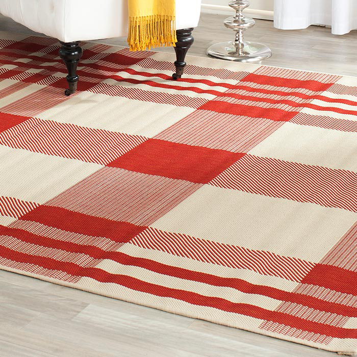 Red and Bone Plaid Square Outdoor Area Rug
