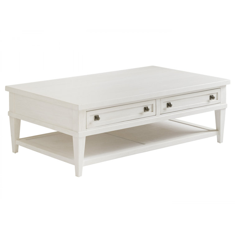 Transitional Shell White Mahogany Rectangular Coffee Table with Storage