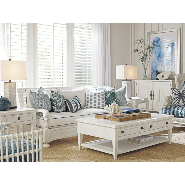 Transitional Shell White Mahogany Rectangular Coffee Table with Storage
