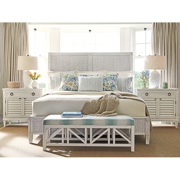 Creamy White Transitional King Sleigh Bed with Woven Rattan Details