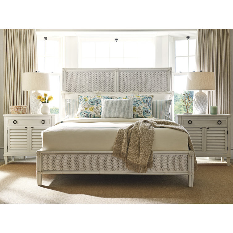 Creamy White Transitional King Sleigh Bed with Woven Rattan Details
