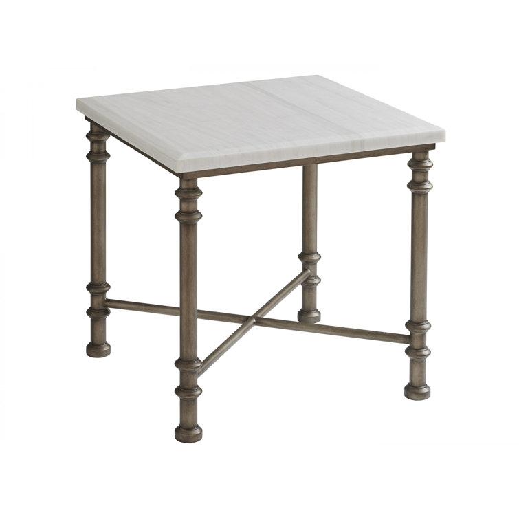 Flagler Square White Marble Top End Table with Metal Base