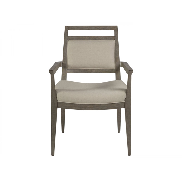 Gray Linen Upholstered Arm Chair with Mahogany Wood Frame