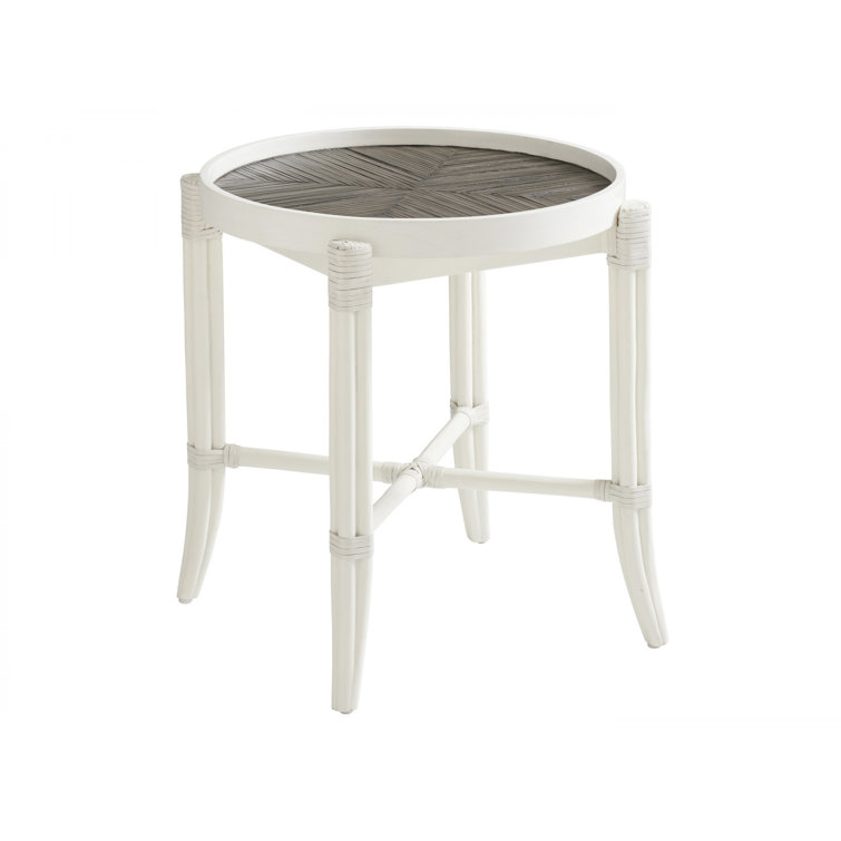 Transitional Neptune Round End Table in Shell White and Brown