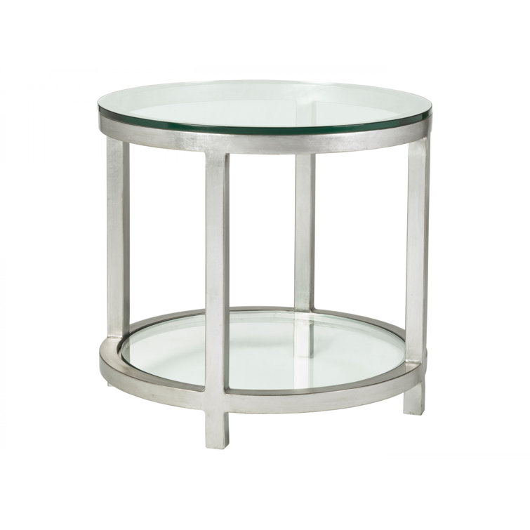Elegant Transitional Silver Leaf Round End Table with Glass Top