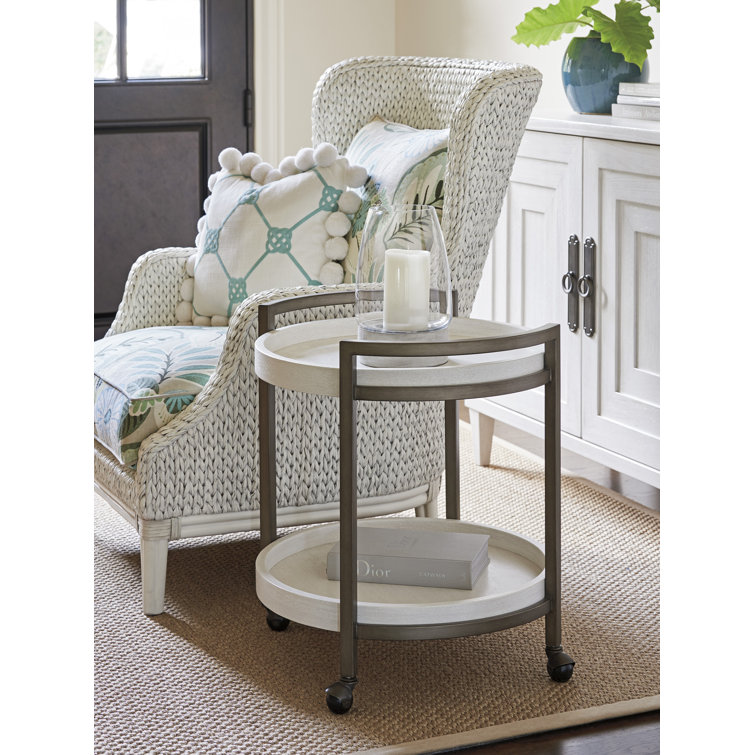 Transitional Shell White and Brown Round End Table with Metal Base