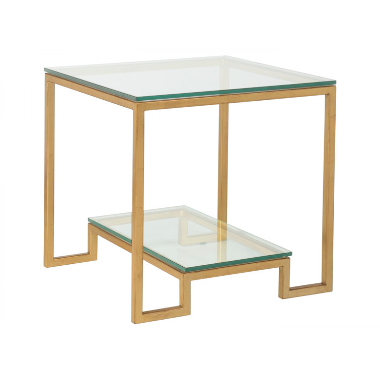 Argento Gold Leaf Square Metal End Table with Polished Glass