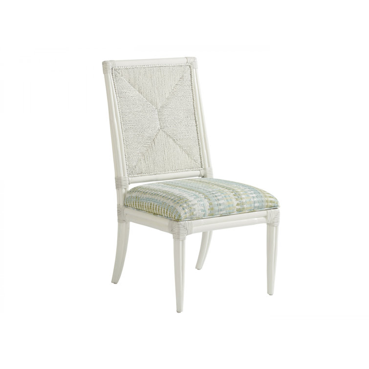 White and Blue Upholstered Leather Rattan Side Chair