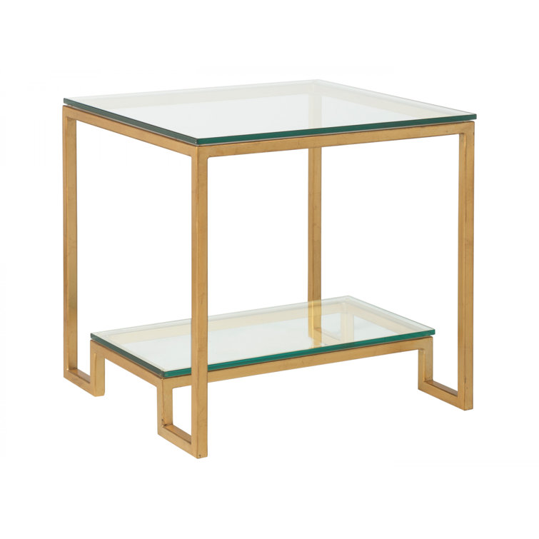 Argento Gold Leaf Square Metal End Table with Polished Glass
