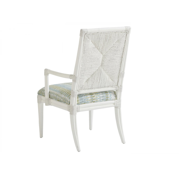 White and Blue Rattan Arm Chair with Upholstered Seat