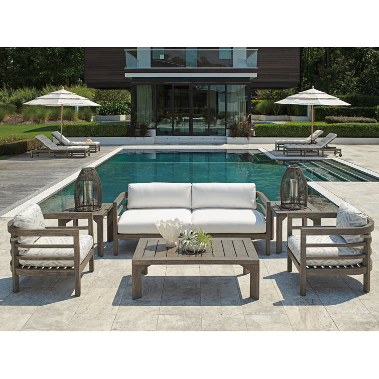 Taupe Gray Patina Teak Lounge Chair with Plush Upholstery
