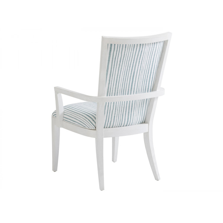 White and Blue Striped Upholstered Wood Arm Chair