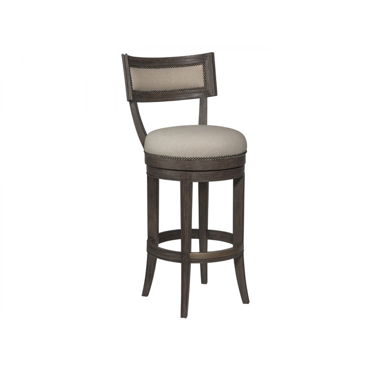 Antico Medium Brown Wood Swivel Bar Stool with Linen Blend Seat